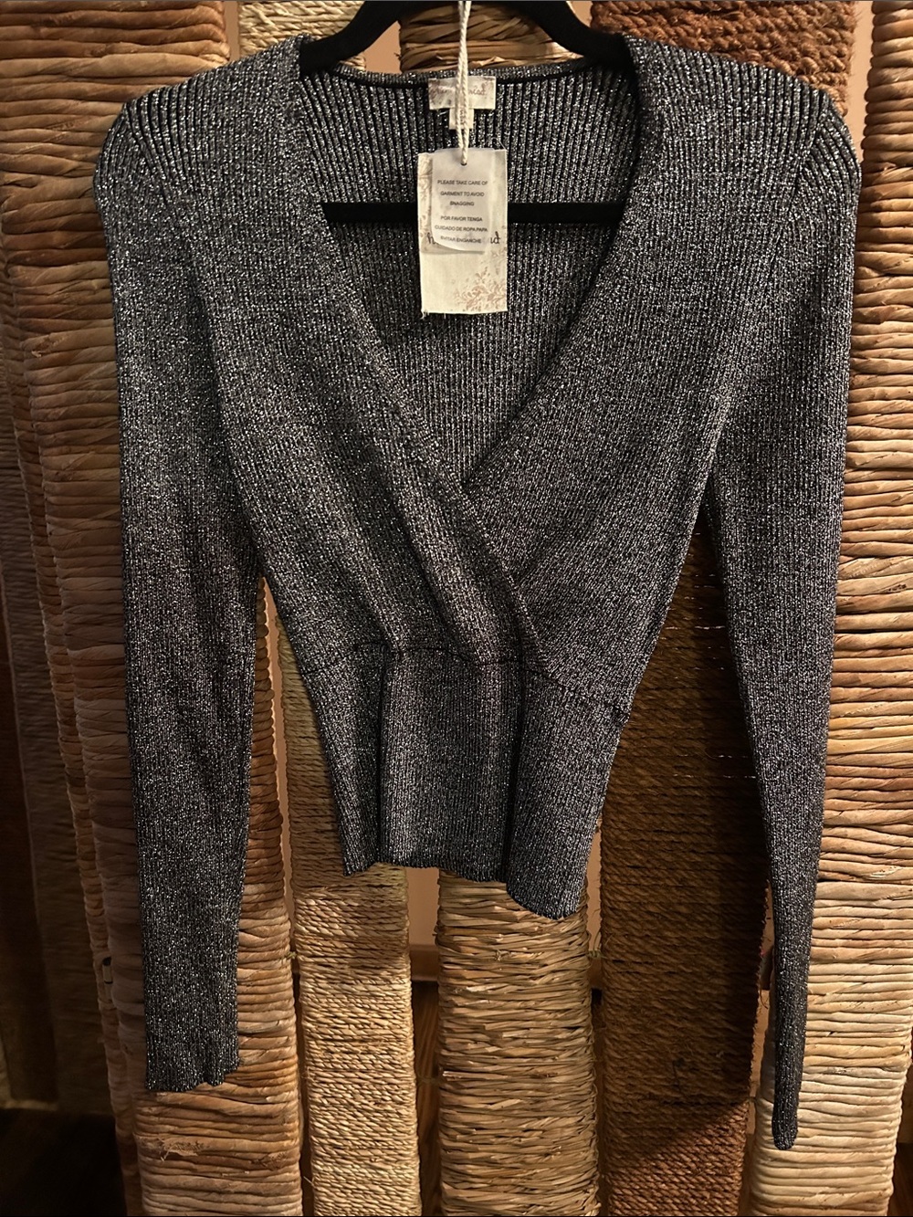 Hem & Thread Metallic Charcoal V-Neck Wrap Cropped Sweater